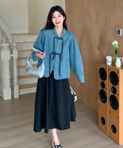 Trendy Chinese-Style Buttoned Denim Jacket and Black Skirt Two-Piece Fashion Set - Chic Y2K Look for Modern Wardrobe