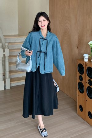 Trendy Chinese-Style Buttoned Denim Jacket and Black Skirt Two-Piece Fashion Set - Chic Y2K Look for Modern Wardrobe