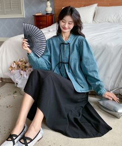 Trendy Chinese-Style Buttoned Denim Jacket and Black Skirt Two-Piece Fashion Set - Chic Y2K Look for Modern Wardrobe