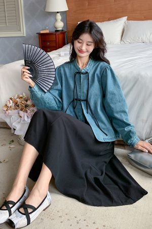 Trendy Chinese-Style Buttoned Denim Jacket and Black Skirt Two-Piece Fashion Set - Chic Y2K Look for Modern Wardrobe