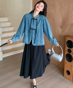 Trendy Chinese-Style Buttoned Denim Jacket and Black Skirt Two-Piece Fashion Set - Chic Y2K Look for Modern Wardrobe