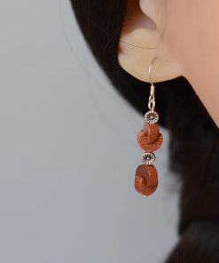 Trendy Chinese-Style Retro Ethnic Earrings - Gold Sandstone Flower Drop Earrings for Women, Autumn/Winter 2025 Fashion Accessories