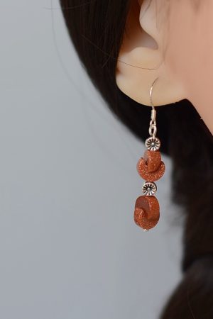 Trendy Chinese-Style Retro Ethnic Earrings - Gold Sandstone Flower Drop Earrings for Women, Autumn/Winter 2025 Fashion Accessories