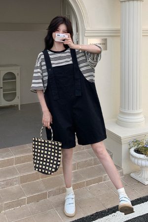 Trendy College-Style Black Suspender Pants & Striped T-Shirt Set - Petite Korean Summer Outfit for a Youthful Look