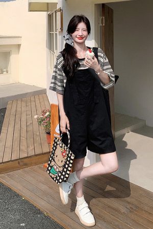 Trendy College-Style Black Suspender Pants & Striped T-Shirt Set - Petite Korean Summer Outfit for a Youthful Look
