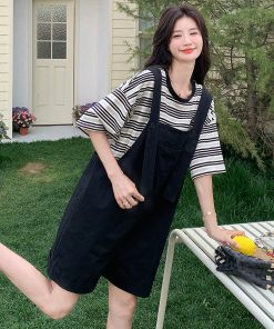 Trendy College-Style Black Suspender Pants & Striped T-Shirt Set - Petite Korean Summer Outfit for a Youthful Look