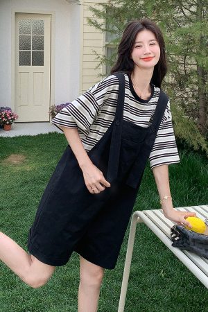 Trendy College-Style Black Suspender Pants & Striped T-Shirt Set - Petite Korean Summer Outfit for a Youthful Look