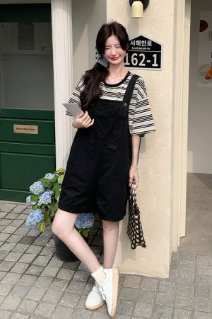 Trendy College-Style Black Suspender Pants & Striped T-Shirt Set - Petite Korean Summer Outfit for a Youthful Look