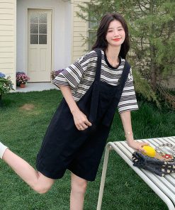 Trendy College-Style Black Suspender Pants & Striped T-Shirt Set - Petite Korean Summer Outfit for a Youthful Look