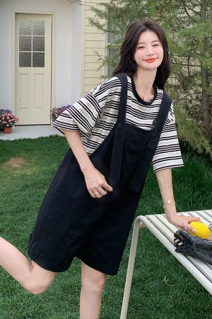 Trendy College-Style Black Suspender Pants & Striped T-Shirt Set - Petite Korean Summer Outfit for a Youthful Look