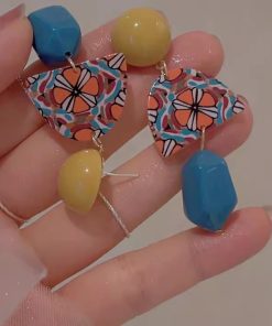 Trendy Color-Blocking Geometric Yellow Long Earrings, No Ear Hole Clips, Hong Kong Style Vacation Accessories