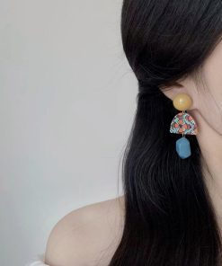 Trendy Color-Blocking Geometric Yellow Long Earrings, No Ear Hole Clips, Hong Kong Style Vacation Accessories