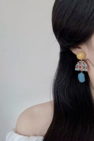 Trendy Color-Blocking Geometric Yellow Long Earrings, No Ear Hole Clips, Hong Kong Style Vacation Accessories