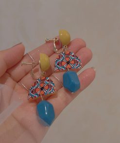 Trendy Color-Blocking Geometric Yellow Long Earrings, No Ear Hole Clips, Hong Kong Style Vacation Accessories