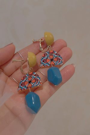 Trendy Color-Blocking Geometric Yellow Long Earrings, No Ear Hole Clips, Hong Kong Style Vacation Accessories