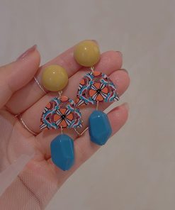 Trendy Color-Blocking Geometric Yellow Long Earrings, No Ear Hole Clips, Hong Kong Style Vacation Accessories