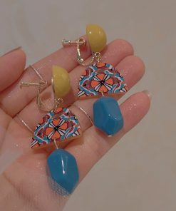Trendy Color-Blocking Geometric Yellow Long Earrings, No Ear Hole Clips, Hong Kong Style Vacation Accessories