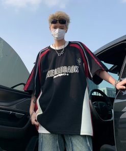 Trendy Color-Blocking Short Sleeve T-Shirt for Men and Women, American Street Style Casual Summer Top, Loose Fit Racing Outfit