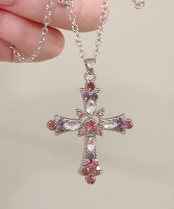 Trendy Dark Floral Cross Choker Necklace for Women - Stylish Leather Design, Perfect for Y2K and Niche Fashion