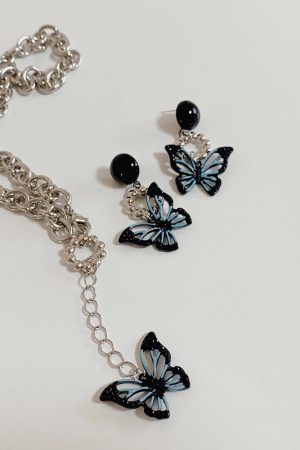 Trendy Dark Style Butterfly Earrings and Necklace Set - Summer Women's Hip-Hop Black Accessories for Unique Fashion