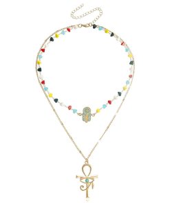 Trendy Double-Layer Colored Crystal Stone Cross Necklace for Women - European American Style, Niche High-End Light Luxury Jewelry