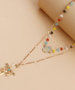 Trendy Double-Layer Colored Crystal Stone Cross Necklace for Women - European American Style, Niche High-End Light Luxury Jewelry