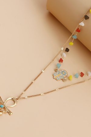 Trendy Double-Layer Colored Crystal Stone Cross Necklace for Women - European American Style, Niche High-End Light Luxury Jewelry