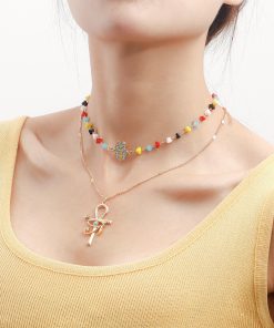 Trendy Double-Layer Colored Crystal Stone Cross Necklace for Women - European American Style, Niche High-End Light Luxury Jewelry