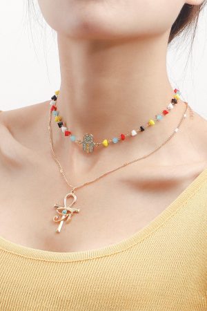 Trendy Double-Layer Colored Crystal Stone Cross Necklace for Women - European American Style, Niche High-End Light Luxury Jewelry
