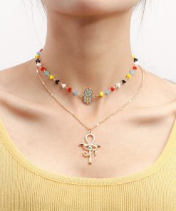 Trendy Double-Layer Colored Crystal Stone Cross Necklace for Women - European American Style, Niche High-End Light Luxury Jewelry