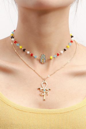 Trendy Double-Layer Colored Crystal Stone Cross Necklace for Women - European American Style, Niche High-End Light Luxury Jewelry