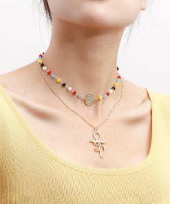 Trendy Double-Layer Colored Crystal Stone Cross Necklace for Women - European American Style, Niche High-End Light Luxury Jewelry