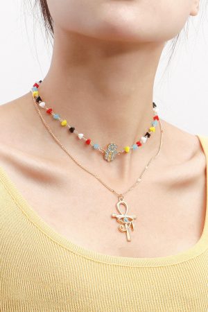 Trendy Double-Layer Colored Crystal Stone Cross Necklace for Women - European American Style, Niche High-End Light Luxury Jewelry