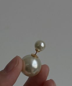 Trendy Double-Sided Asymmetrical Pearl Stud Earrings - Large and Small Sizes, Simple Elegant Design for Influencer and Socialite Style