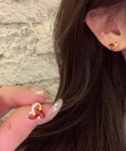 Trendy Drip Glaze Heart Knot Stud Earrings for Women - High-End Red Jewelry for Autumn and Winter 2025
