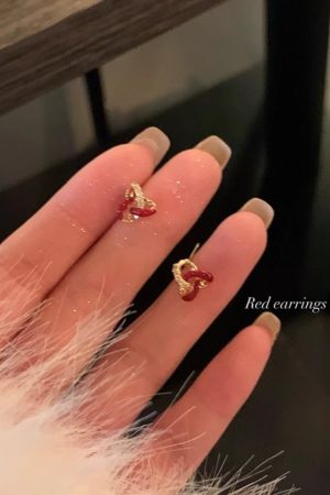 Trendy Drip Glaze Heart Knot Stud Earrings for Women - High-End Red Jewelry for Autumn and Winter 2025