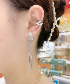 Trendy Fishbone Diamond Inlaid Tassel Earrings - Korean Elegant Long Versatile Stud Earrings for Women - 2025 Fashion Must-Have
