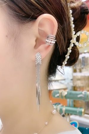 Trendy Fishbone Diamond Inlaid Tassel Earrings - Korean Elegant Long Versatile Stud Earrings for Women - 2025 Fashion Must-Have