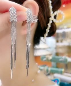 Trendy Fishbone Diamond Inlaid Tassel Earrings - Korean Elegant Long Versatile Stud Earrings for Women - 2025 Fashion Must-Have
