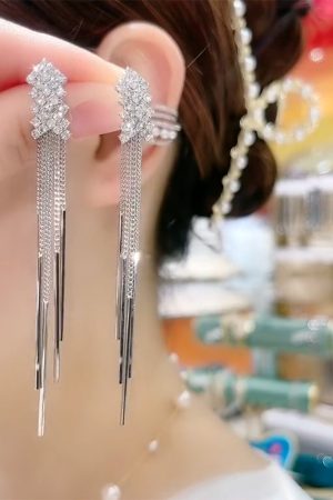 Trendy Fishbone Diamond Inlaid Tassel Earrings - Korean Elegant Long Versatile Stud Earrings for Women - 2025 Fashion Must-Have