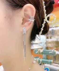 Trendy Fishbone Diamond Inlaid Tassel Earrings - Korean Elegant Long Versatile Stud Earrings for Women - 2025 Fashion Must-Have