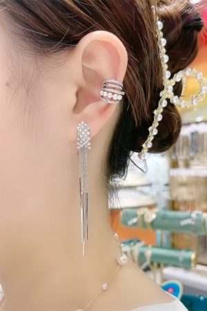 Trendy Fishbone Diamond Inlaid Tassel Earrings - Korean Elegant Long Versatile Stud Earrings for Women - 2025 Fashion Must-Have