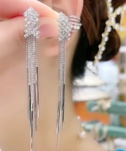 Trendy Fishbone Diamond Inlaid Tassel Earrings - Korean Elegant Long Versatile Stud Earrings for Women - 2025 Fashion Must-Have