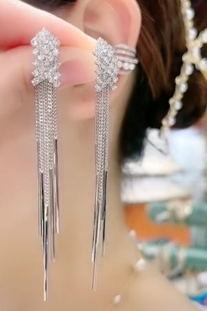 Trendy Fishbone Diamond Inlaid Tassel Earrings - Korean Elegant Long Versatile Stud Earrings for Women - 2025 Fashion Must-Have