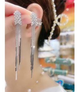 Trendy Fishbone Diamond Inlaid Tassel Earrings - Korean Elegant Long Versatile Stud Earrings for Women - 2025 Fashion Must-Have