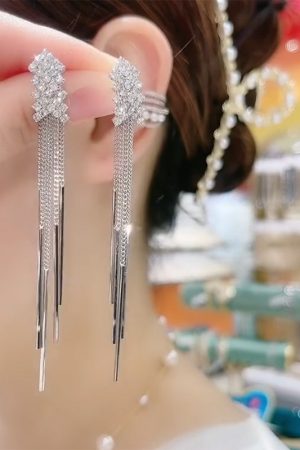 Trendy Fishbone Diamond Inlaid Tassel Earrings - Korean Elegant Long Versatile Stud Earrings for Women - 2025 Fashion Must-Have