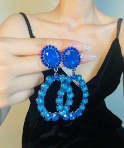 Trendy Geometric Hoop Earrings for Women - Fashionable Blue Hollow Accessories, Exaggerated European American Style 2025