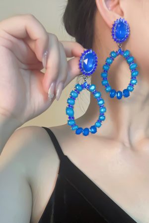 Trendy Geometric Hoop Earrings for Women - Fashionable Blue Hollow Accessories, Exaggerated European American Style 2025