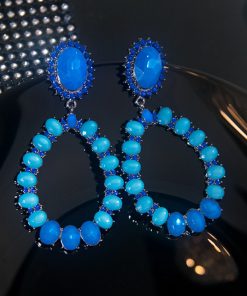 Trendy Geometric Hoop Earrings for Women - Fashionable Blue Hollow Accessories, Exaggerated European American Style 2025