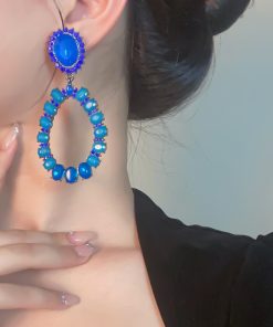 Trendy Geometric Hoop Earrings for Women - Fashionable Blue Hollow Accessories, Exaggerated European American Style 2025